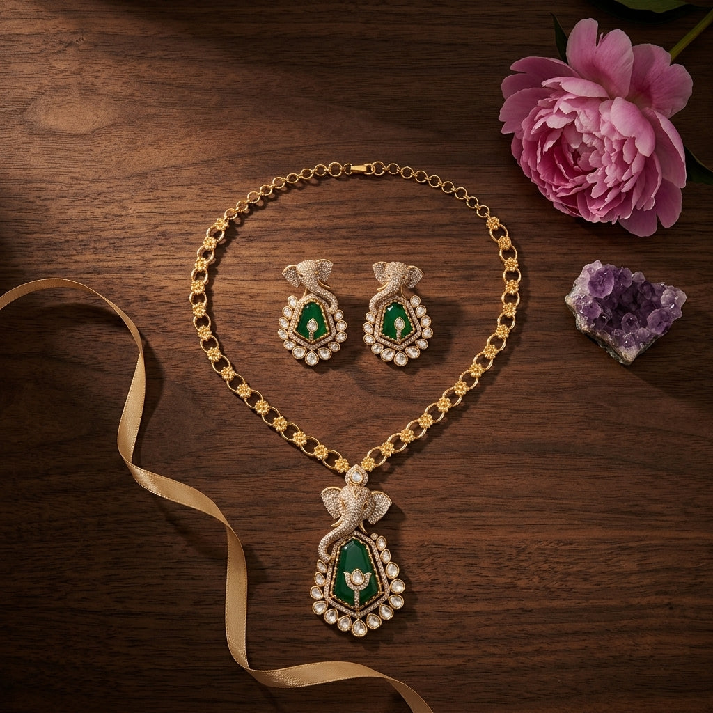 Green and White Elephant Floral Necklace Set - Tabletop