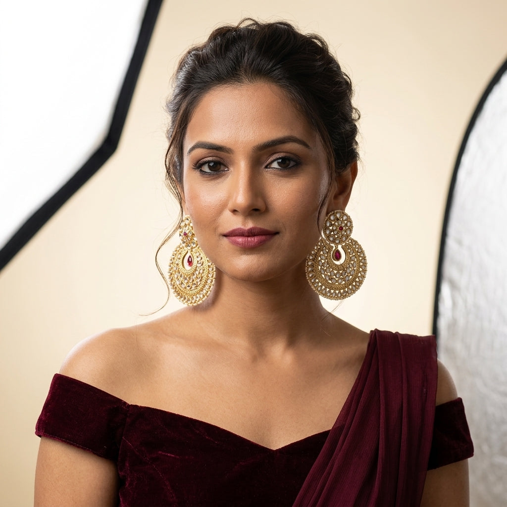 Ruby Red Mughal Kundan Chandbali Earrings - Model
