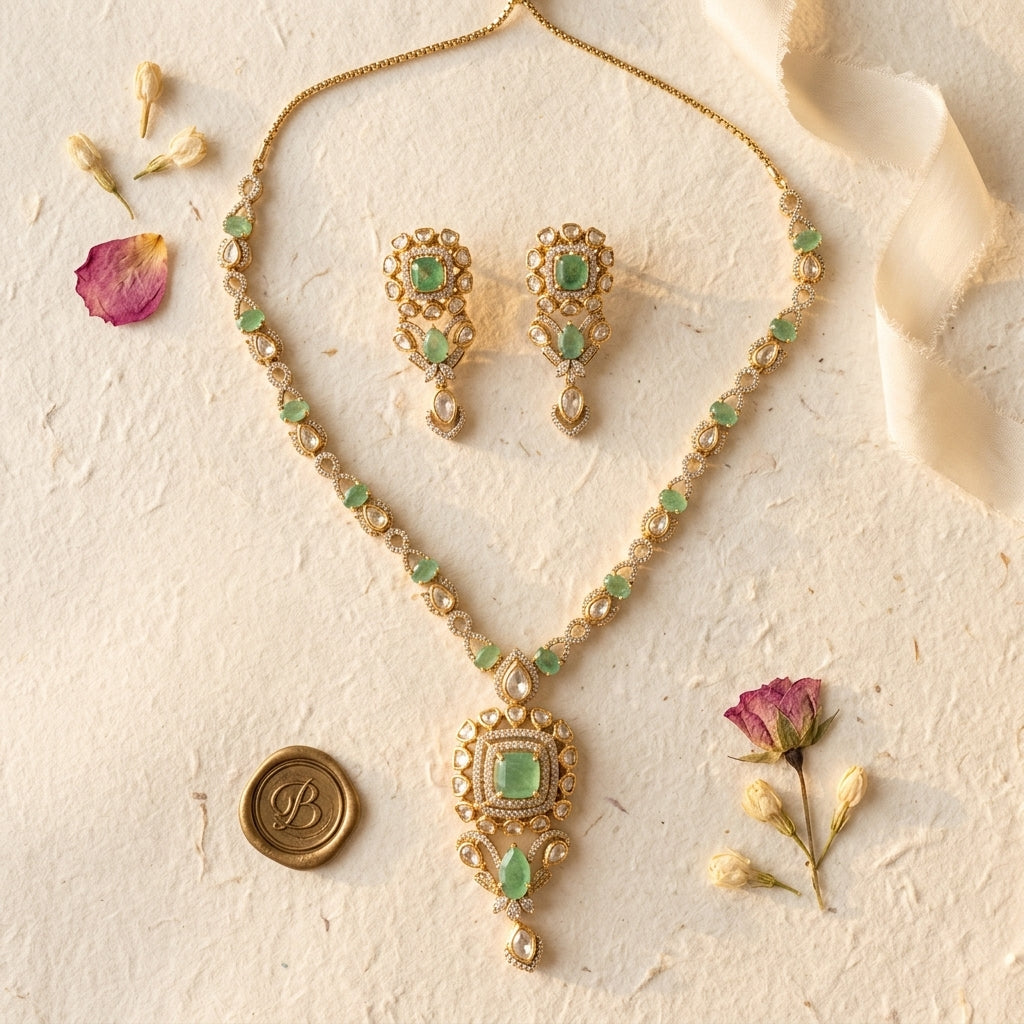 Mint and White Intricate Square Necklace Set - Tabletop