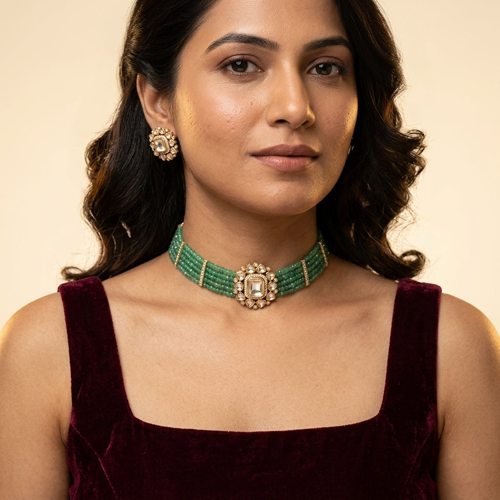 Green White Kundan Choker Set - Model