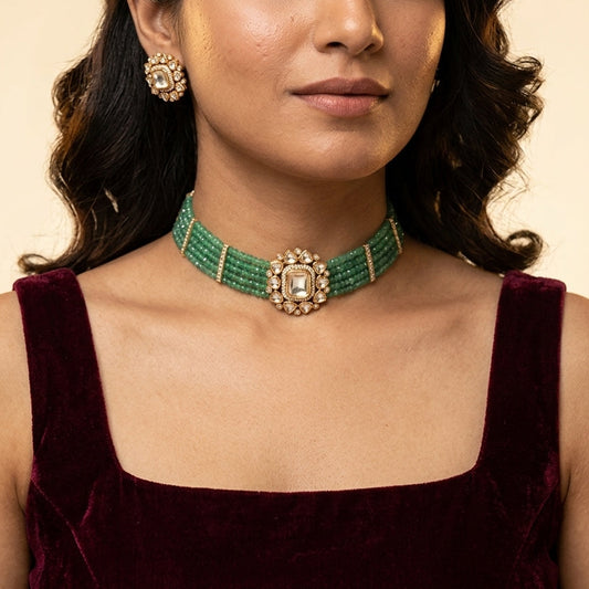 Green White Kundan Choker Set - Model