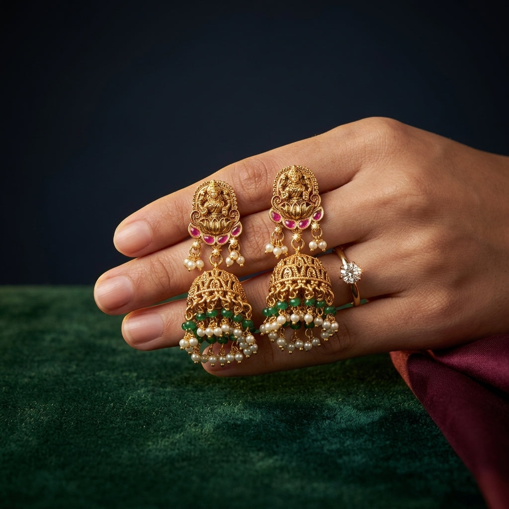 Multi Temple Lotus Jhumka Pair - Mannequin