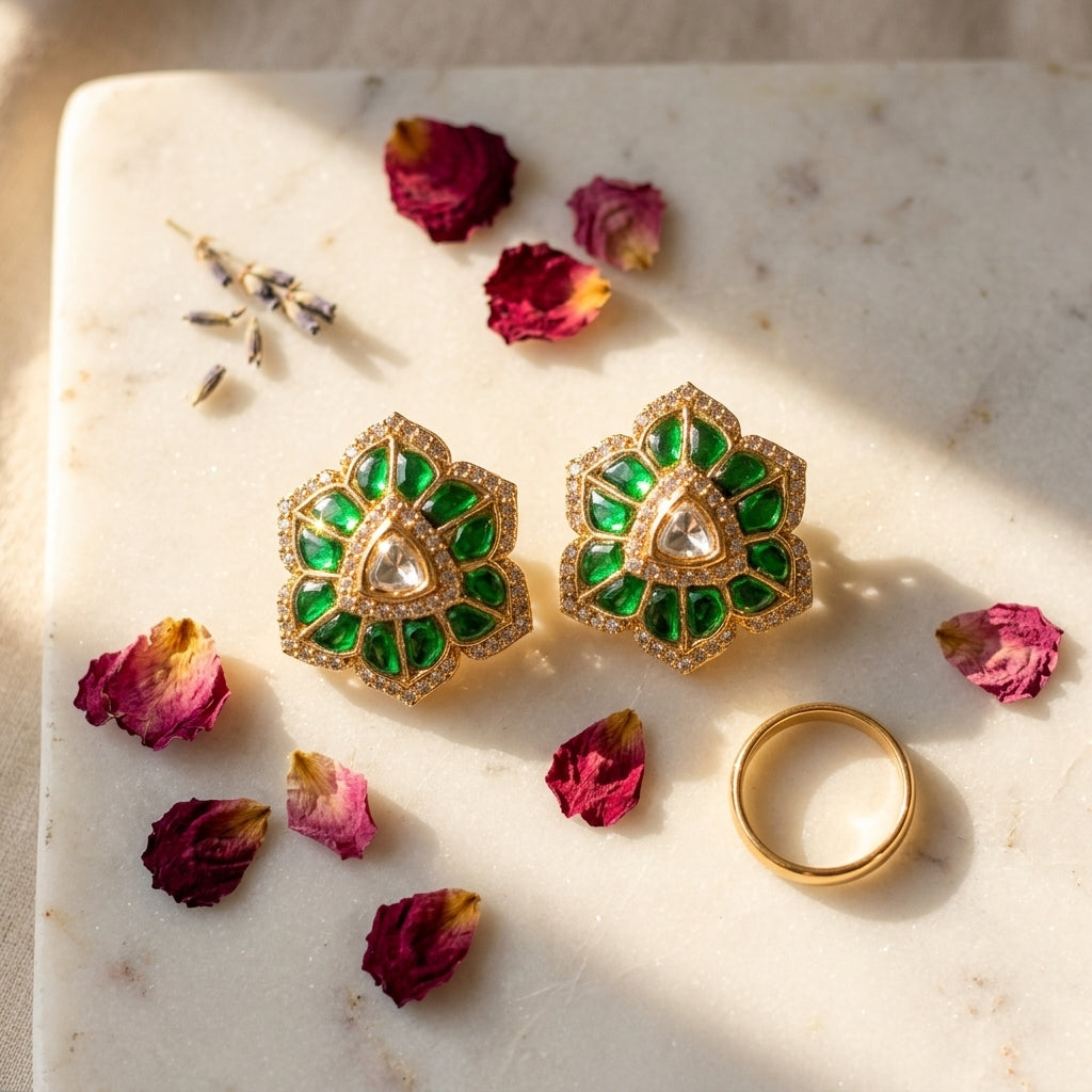 Green Floral Cluster Earrings - Tabletop