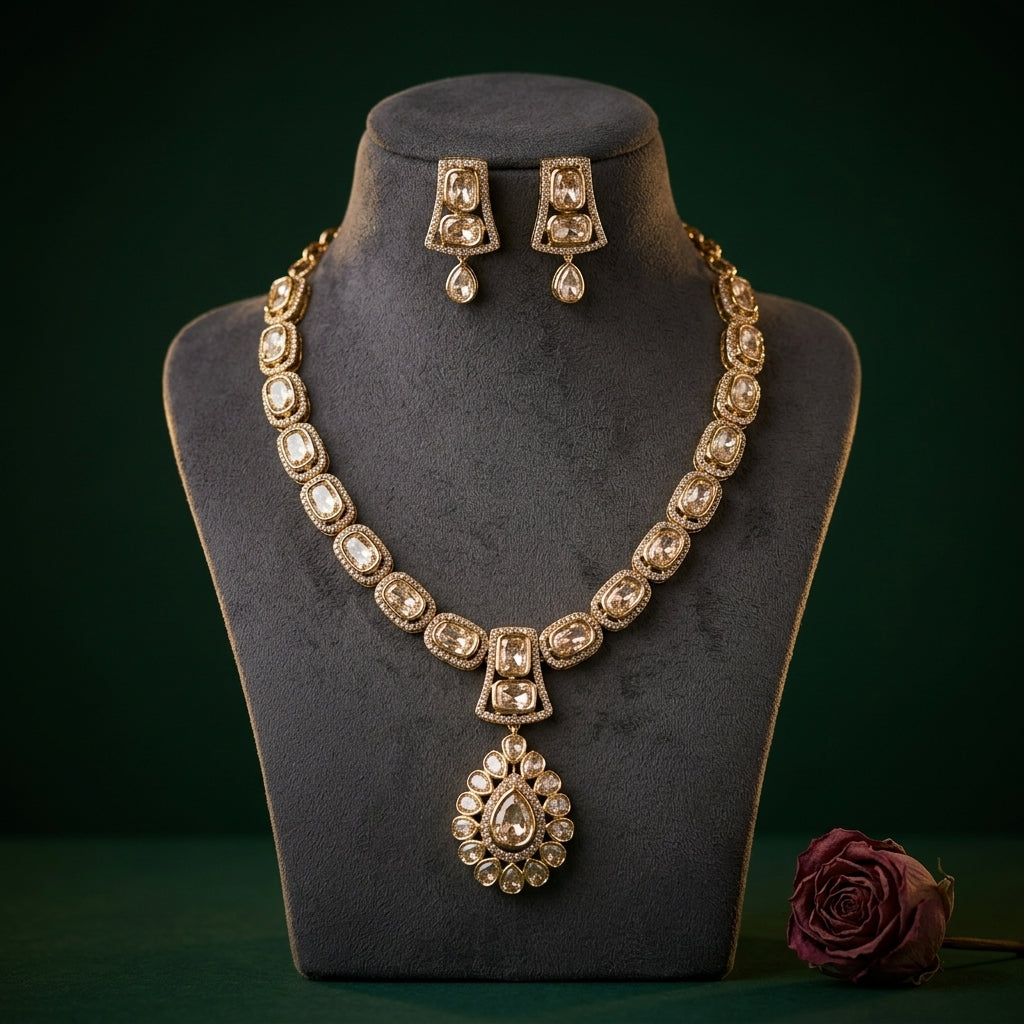 Off-White Uncut Stone Cluster Necklace Set - Mannequin