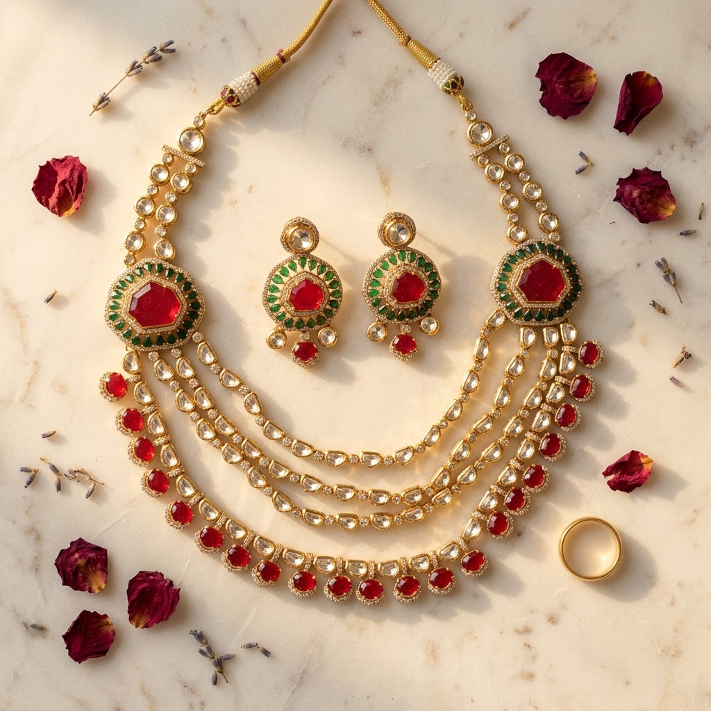 Ruby Green Octagonal Kundan Necklace Set - Tabletop