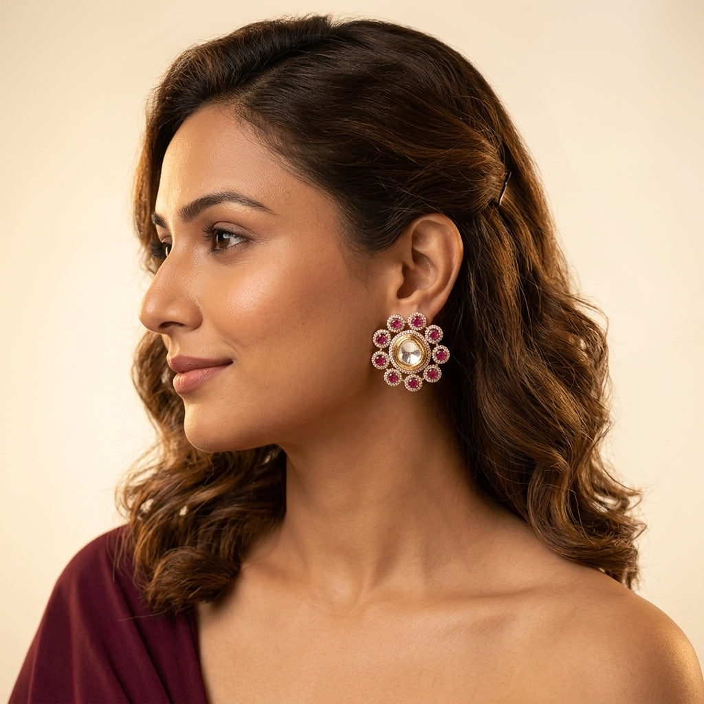 Ruby and Clear Floral Cluster Earrings - Model