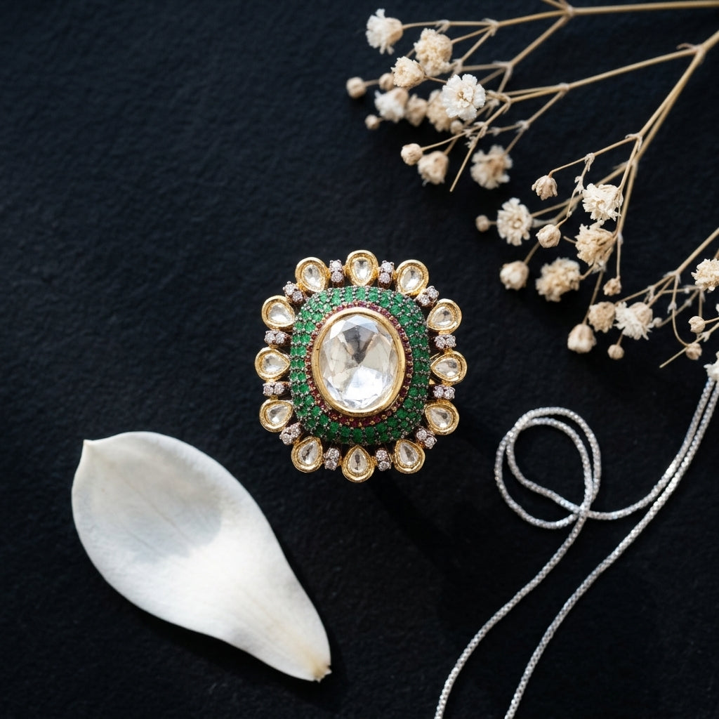 Green and Clear Polki Cluster Ring - Tabletop