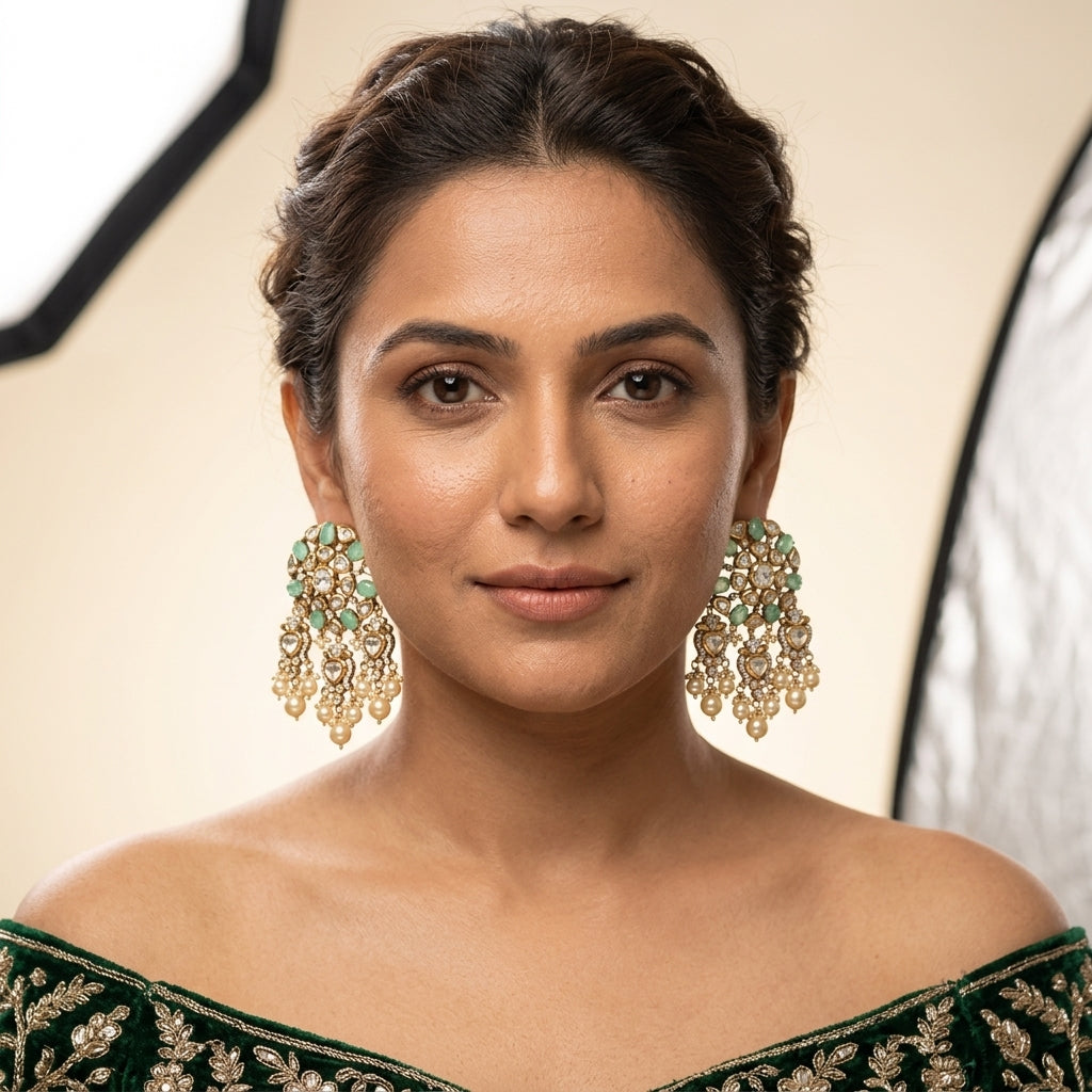 Green Mint Heritage Kundan Earrings - Model