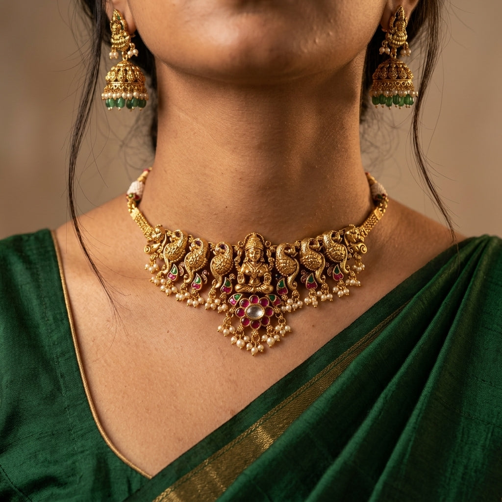 Multi Temple Peacock Necklace Set - Model