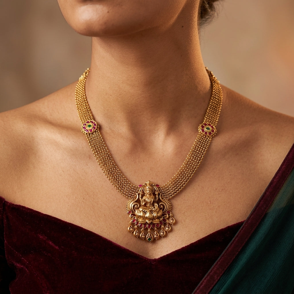 Ruby and Green Temple Lakshmi Necklace Set - Model