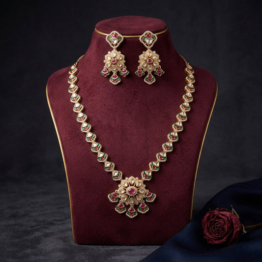 Ruby Green Floral Cluster Necklace Set - Mannequin