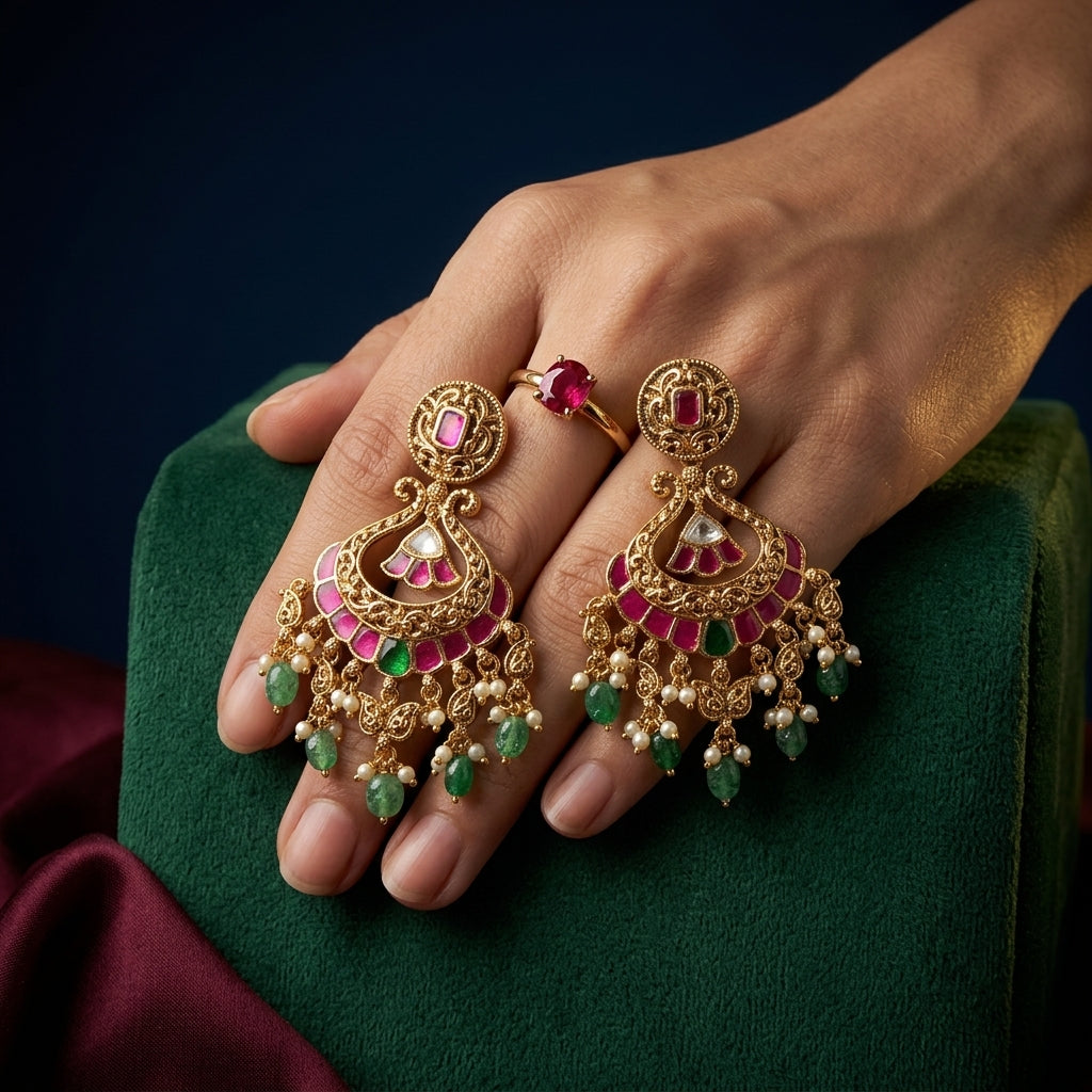 Ruby Green Ornate Drop Earrings - Mannequin