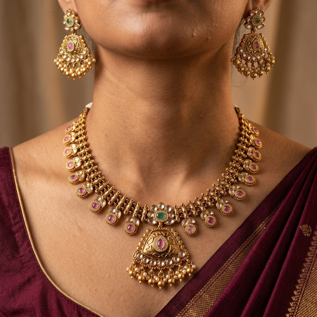 Pink Intricate Triangular Necklace Set - Model