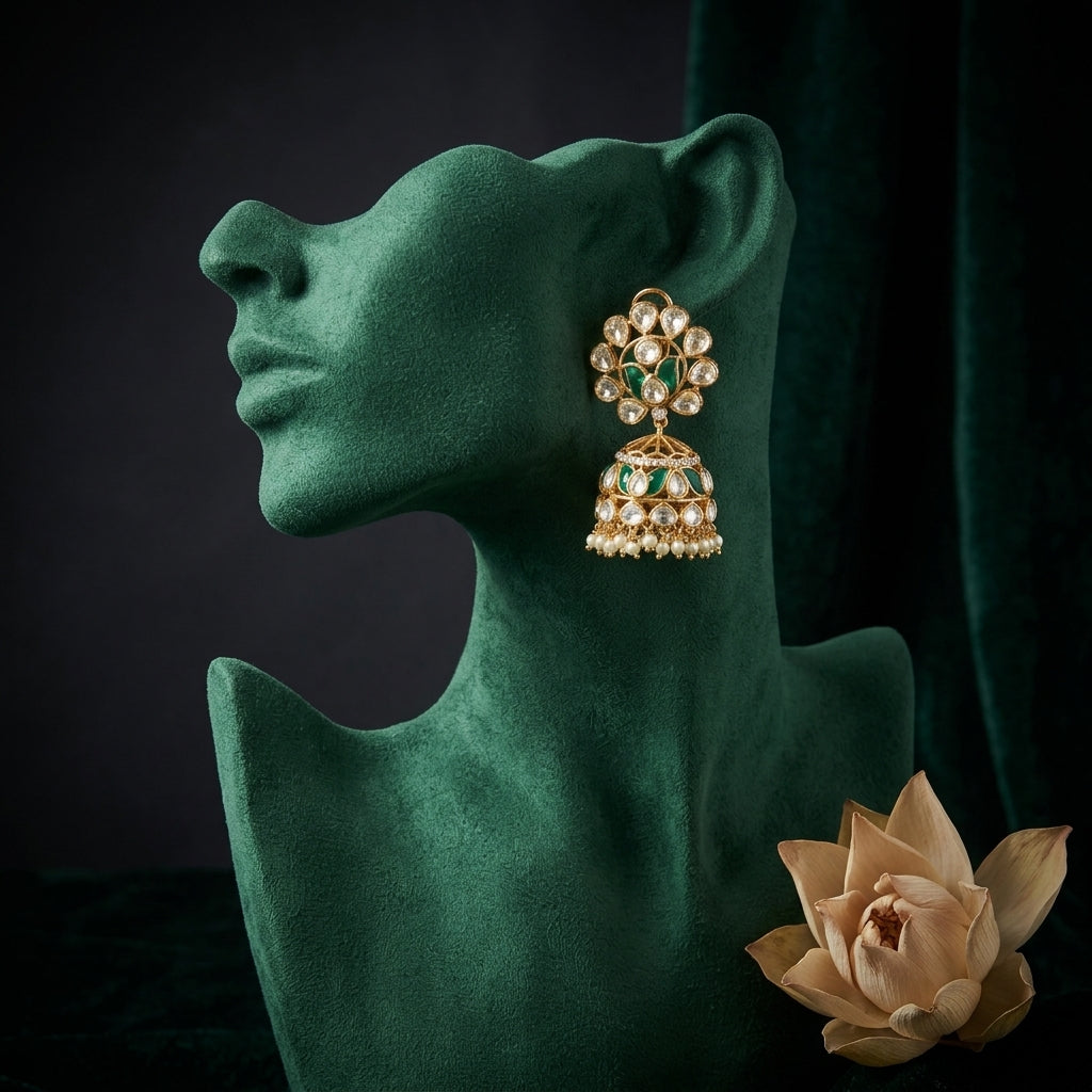 Green Heritage Kundan Jhumka - Mannequin
