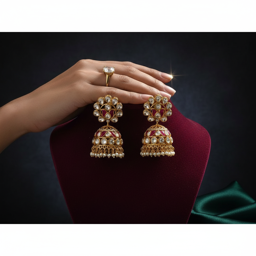 Ruby White Floral Kundan Jhumka Pair - Mannequin