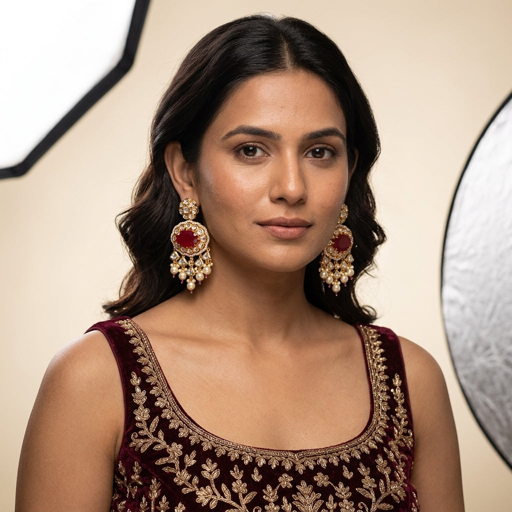 Ruby White Heritage Kundan Earrings - Model