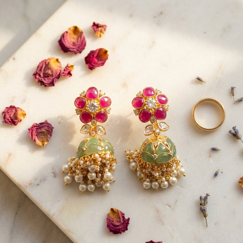 Multi Floral Jhumka Earrings - Tabletop