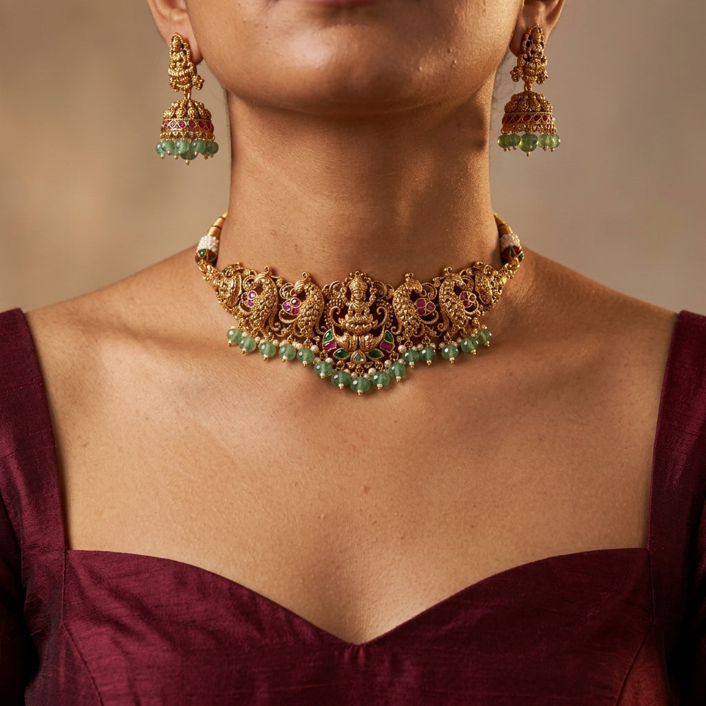 Multi Temple Peacock Necklace Set - Model