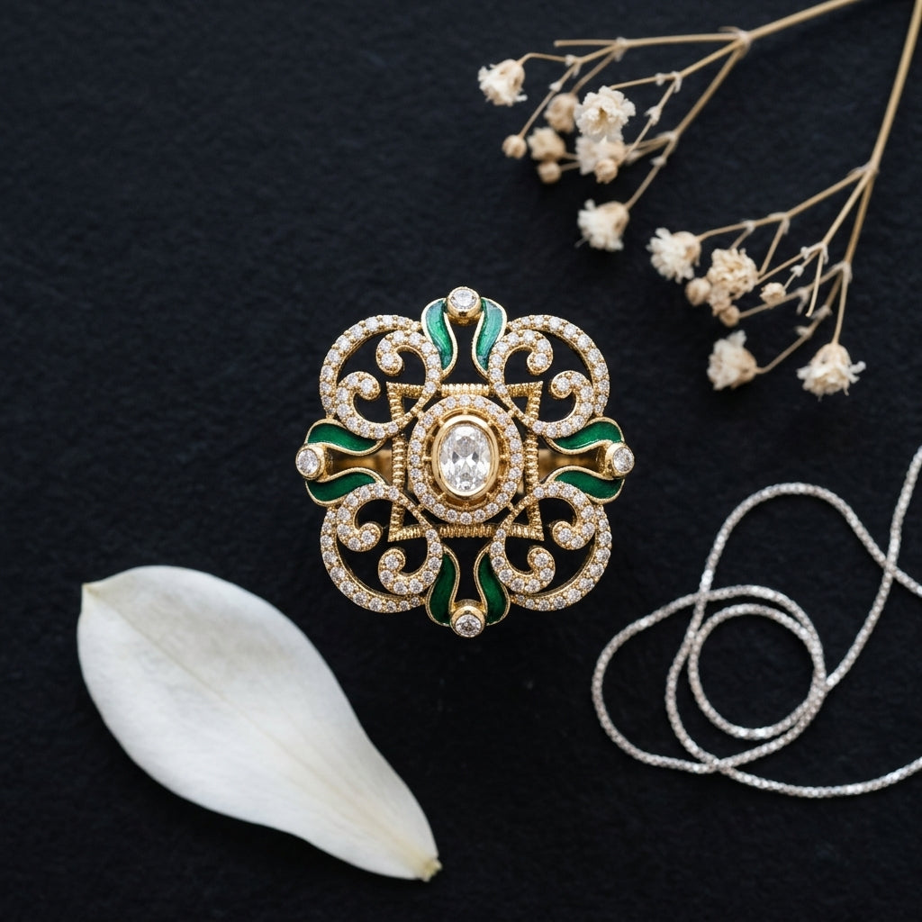 Clear and Green Floral Filigree Ring - Tabletop