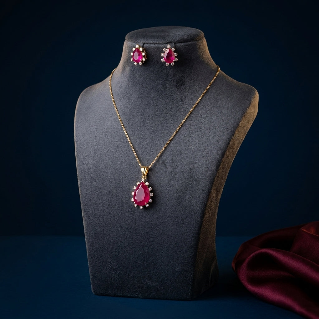 Ruby Teardrop Cluster Pendant Set - Mannequin