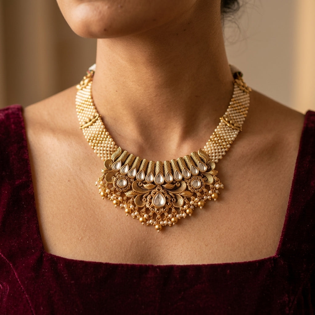 White and Clear Floral Jhumka Necklace Set - Model