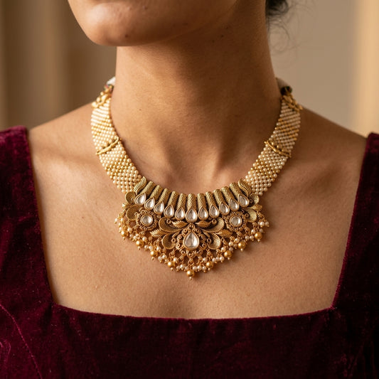 White and Clear Floral Jhumka Necklace Set - Model