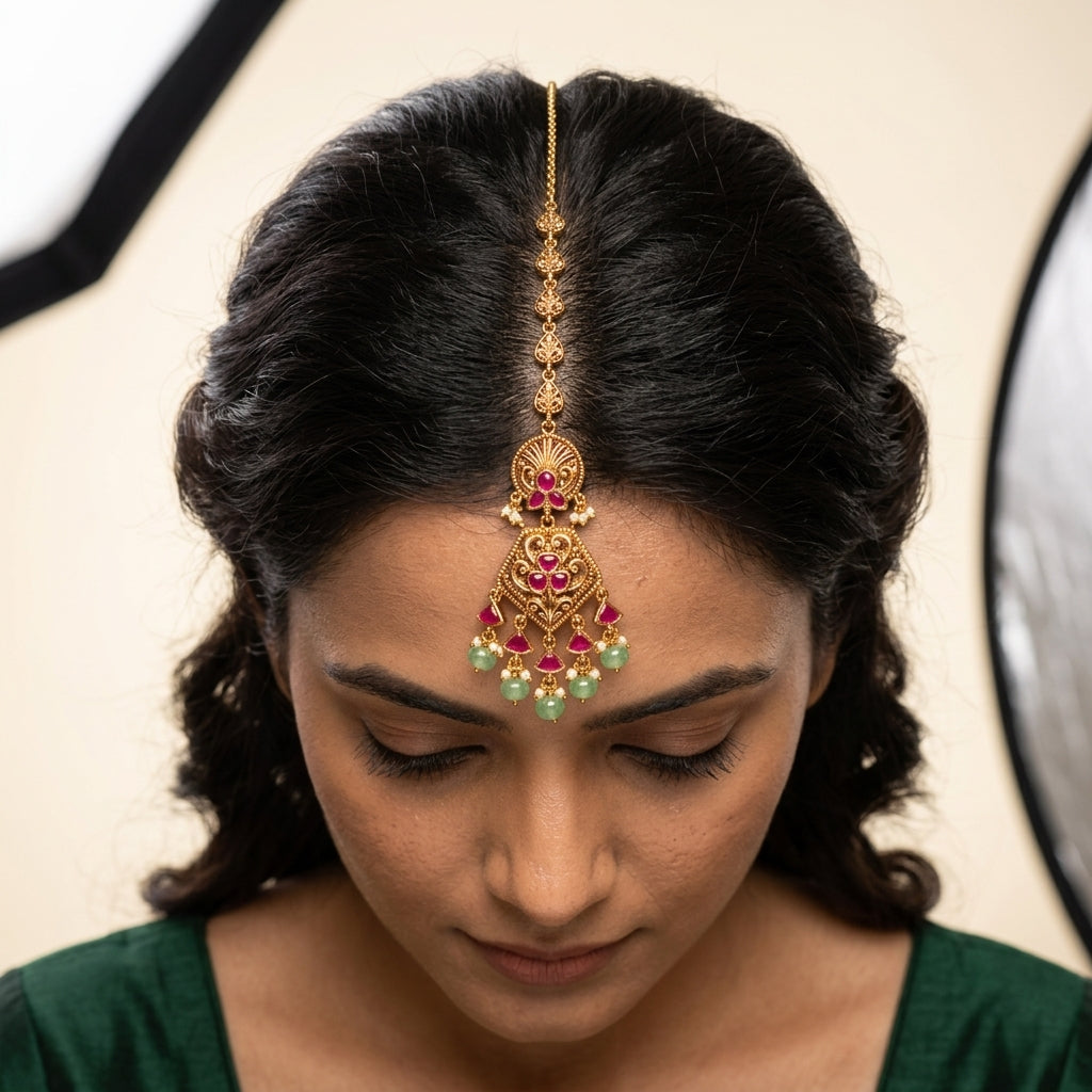 Ruby Intricate Floral Filigree Maang Tikka - Model
