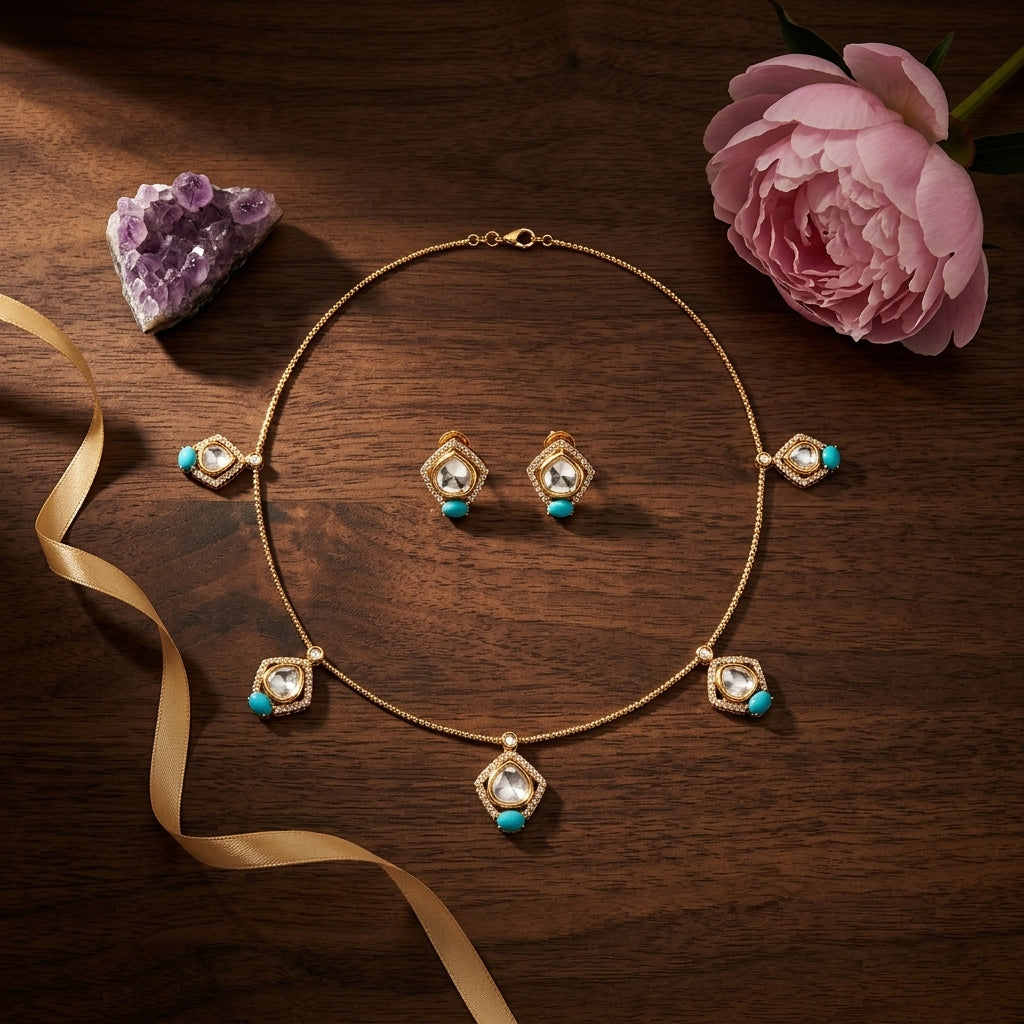 Clear and Turquoise Geometric Cluster Necklace Set - Tabletop