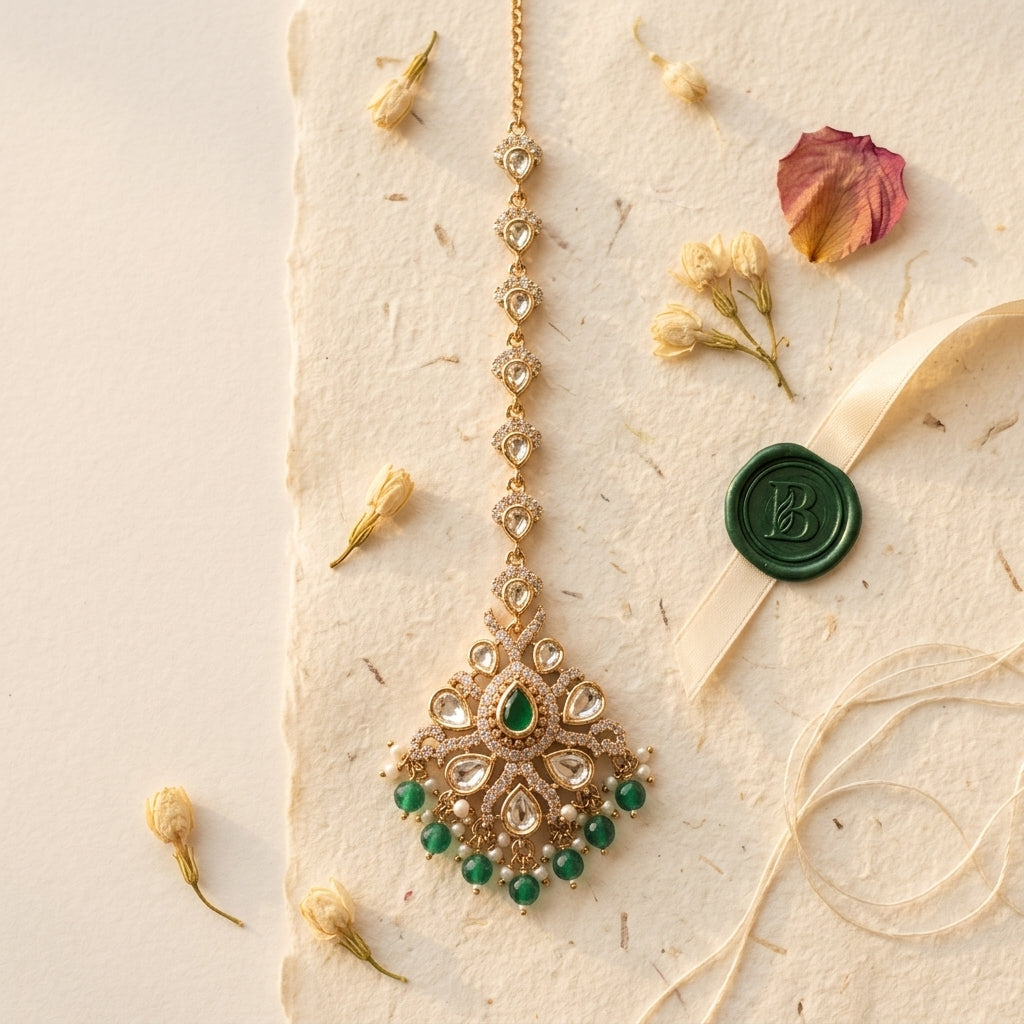 Green and Clear Floral Cluster Maang Tikka - Tabletop