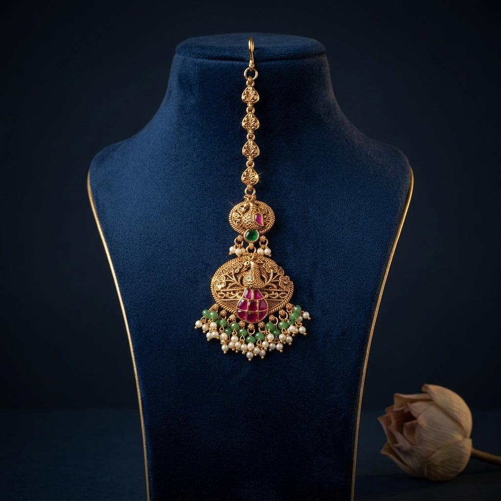 Ruby and Green Peacock Motif Maang Tikka - Mannequin