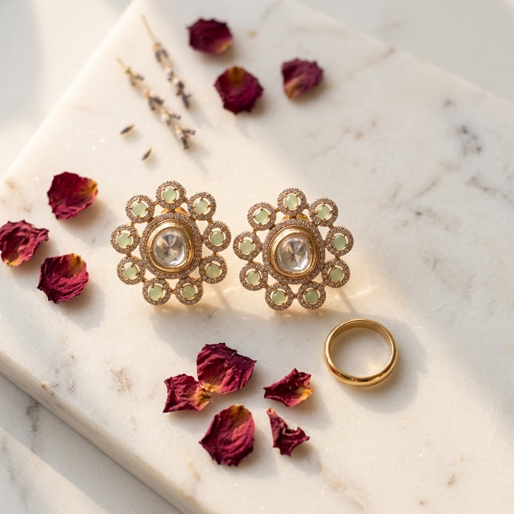 Mint and Clear Floral Cluster Earrings - Tabletop