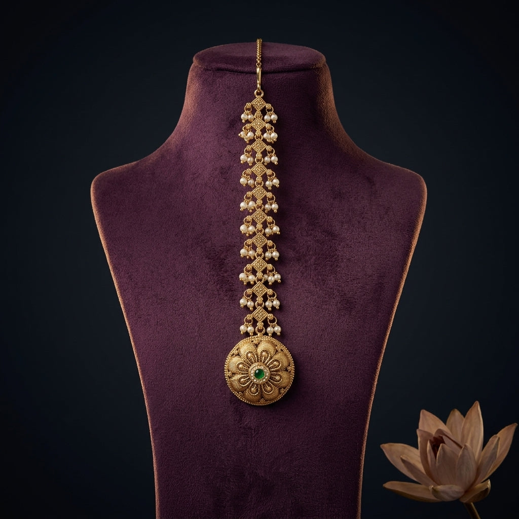 Green and White Floral Geometric Maang Tikka - Mannequin
