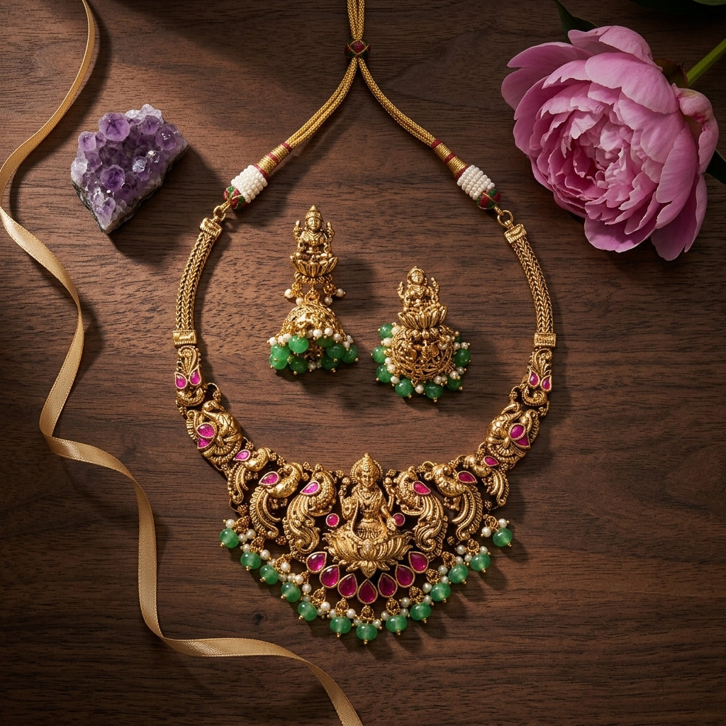 Multi Lakshmi Peacock Temple Necklace Set - Tabletop