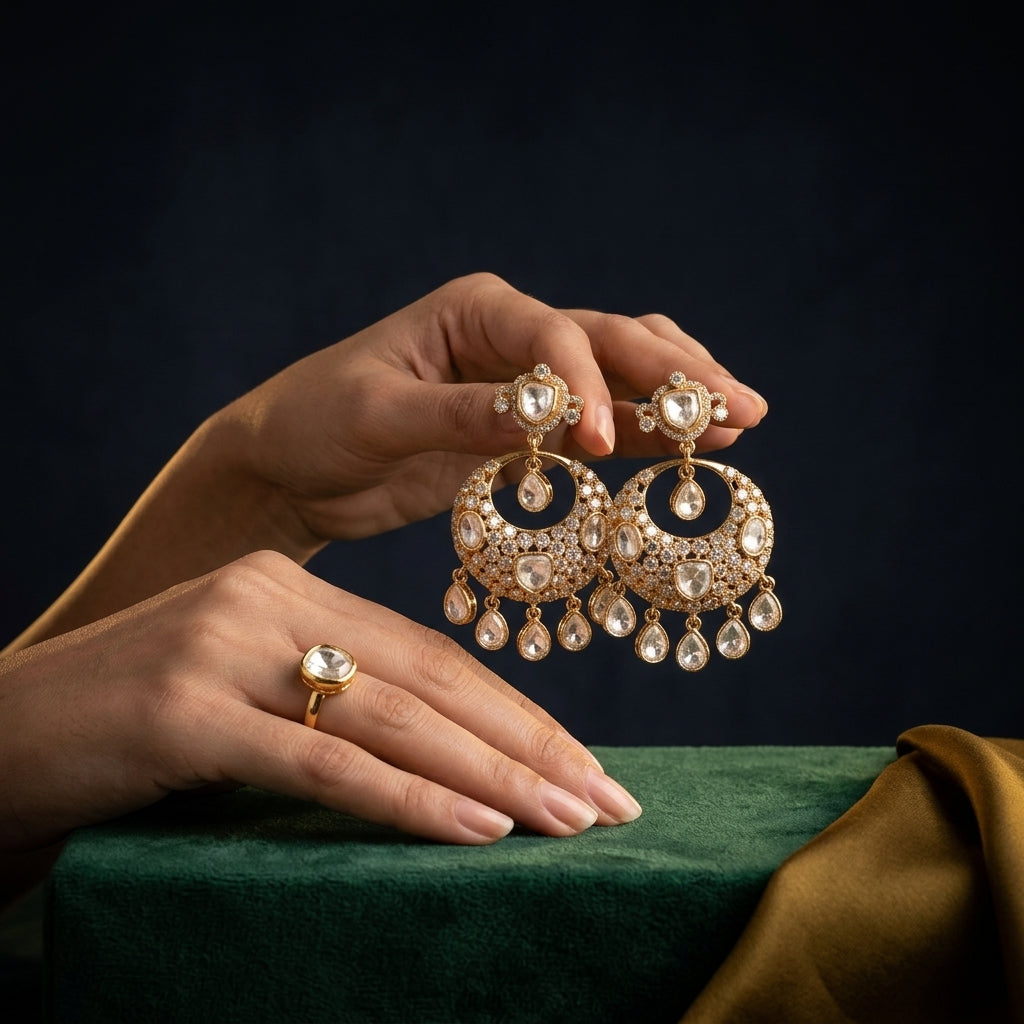 White Crescent Polki Cluster Earrings - Mannequin