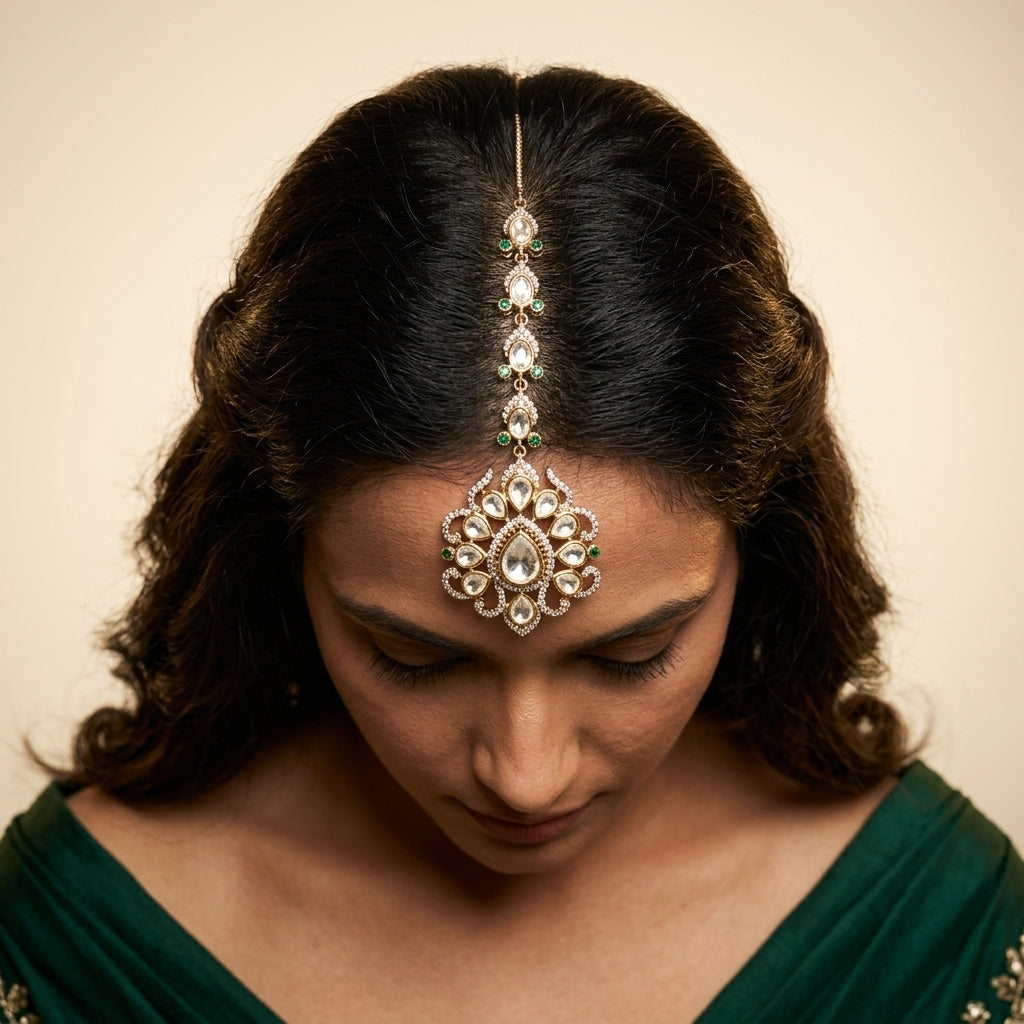 Clear and Green Ornate Teardrop Cluster Maang Tikka - Model