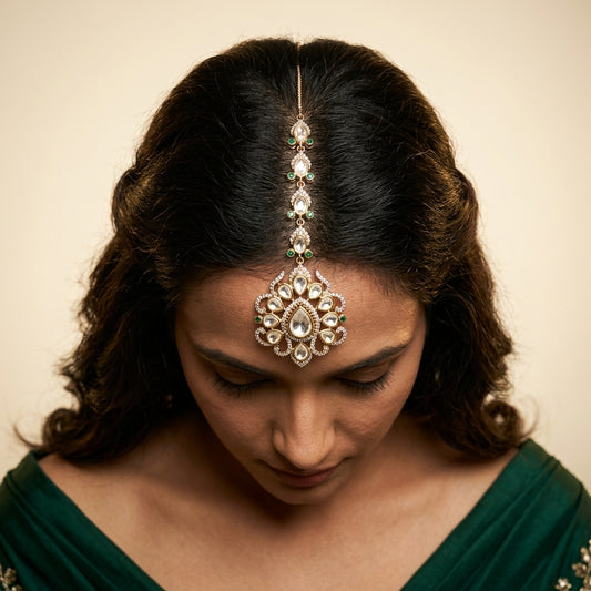 Clear and Green Ornate Teardrop Cluster Maang Tikka - Model