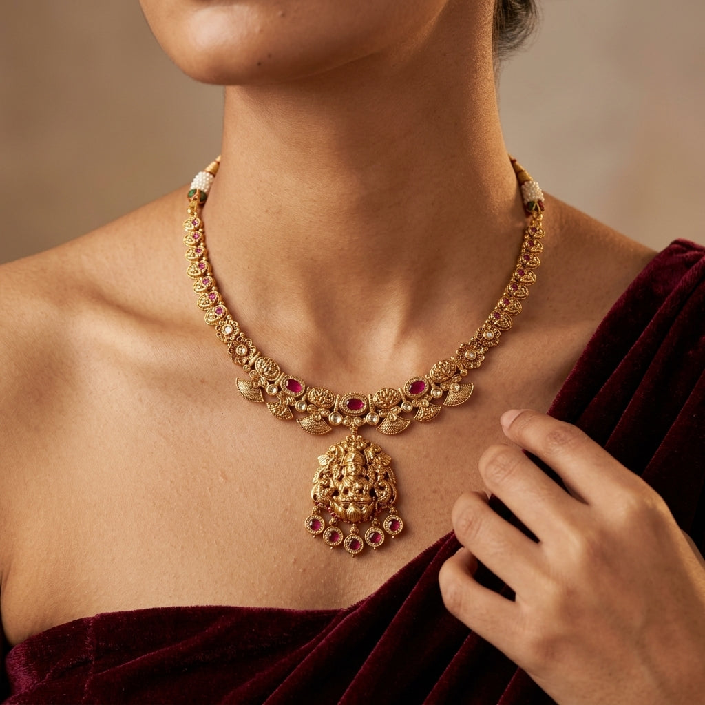 Ruby and Clear Temple Deity Necklace Set - Model