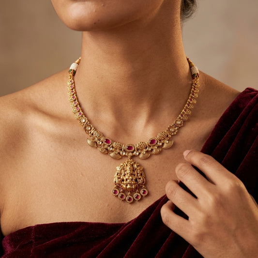 Ruby and Clear Temple Deity Necklace Set - Model