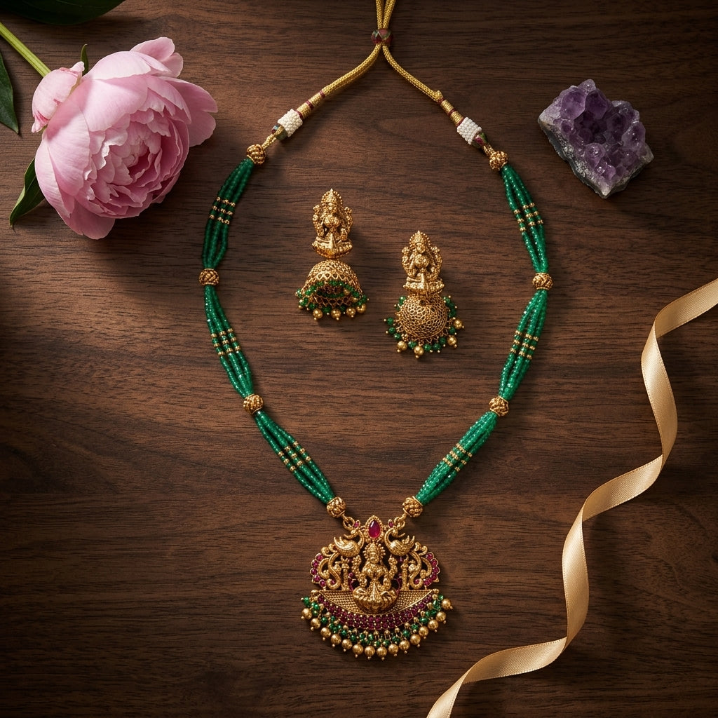 Green and Ruby Temple Deity Peacock Necklace Set - Tabletop