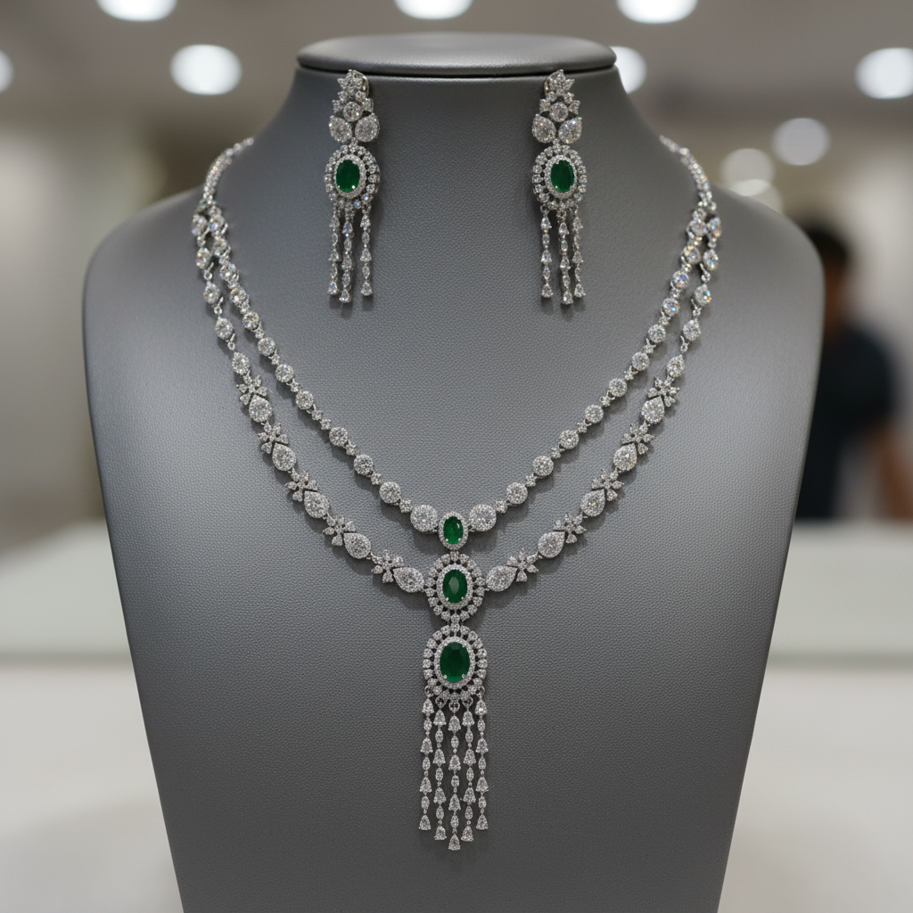 Elegant Emerald Green and Silver Cubic Zirconia Layered Necklace Set