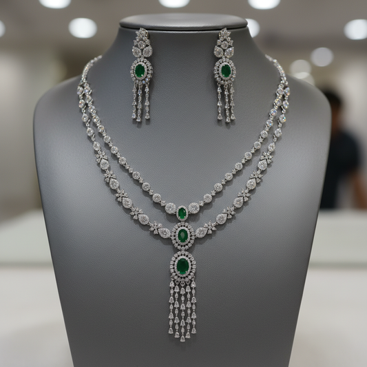 Elegant Emerald Green and Silver Cubic Zirconia Layered Necklace Set