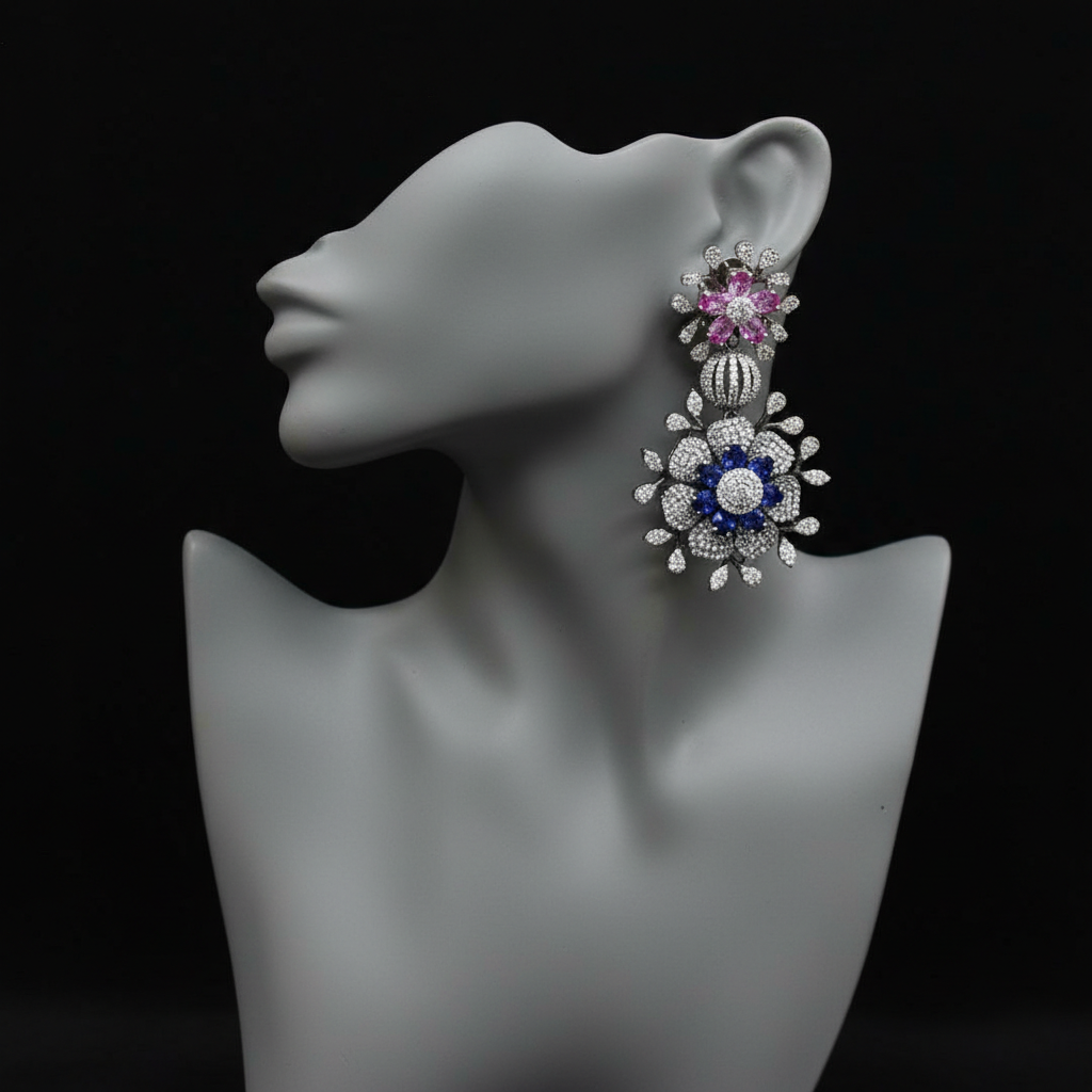 Elegant Multi-Color Sapphire and Diamond Floral Drop Earrings