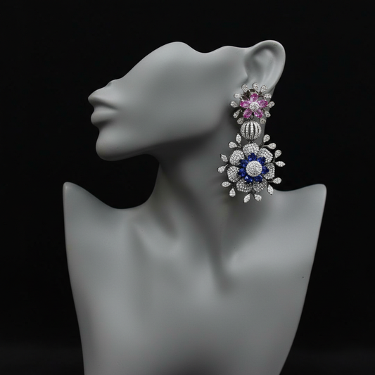 Elegant Multi-Color Sapphire and Diamond Floral Drop Earrings