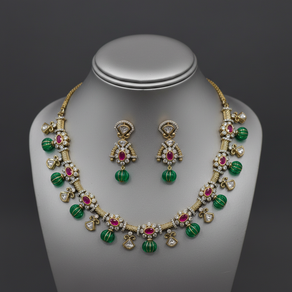 Indian Ruby Emerald Gold-Plated Necklace Set with Earrings