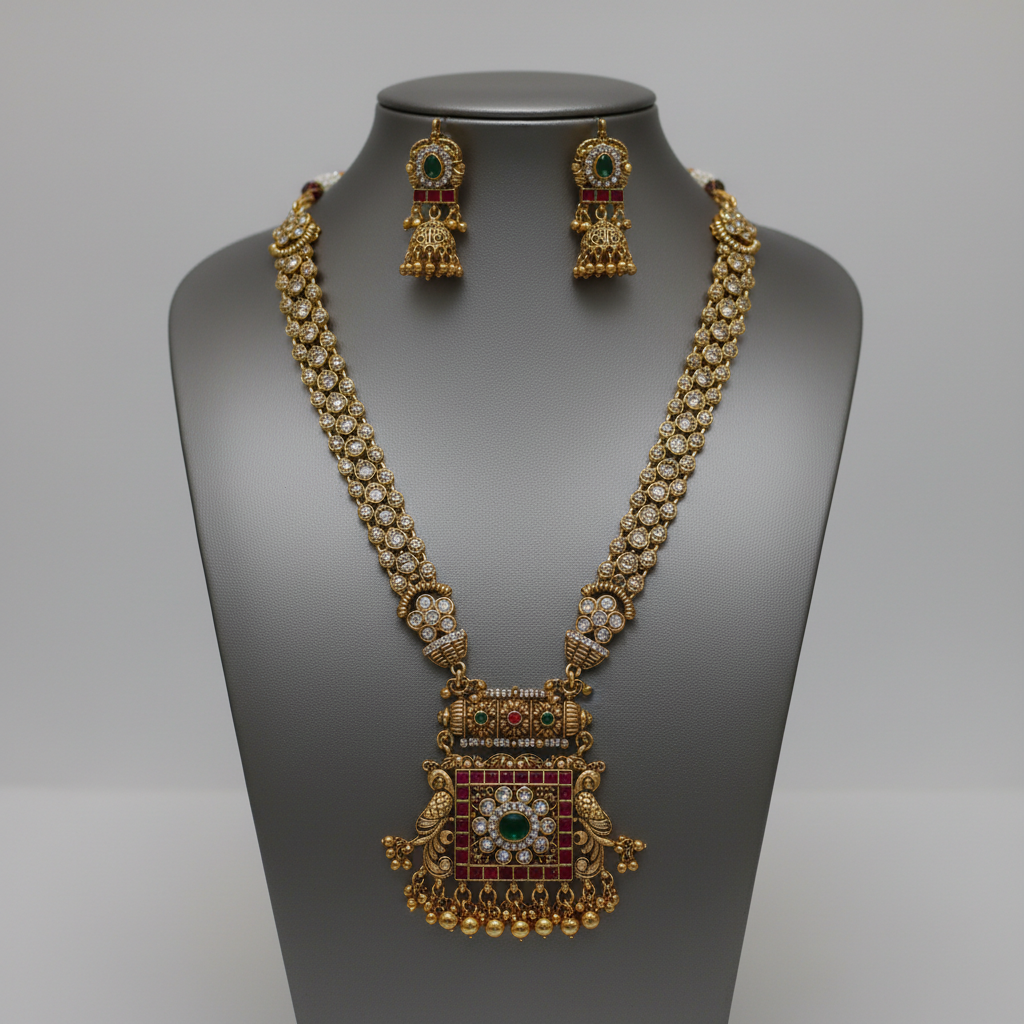 Gold-Plated Antique Ruby and Emerald Haram Necklace Set with Jhumkas
