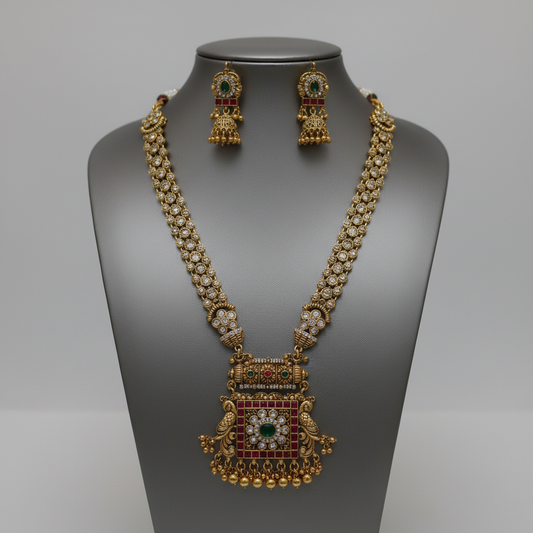 Gold-Plated Antique Ruby and Emerald Haram Necklace Set with Jhumkas