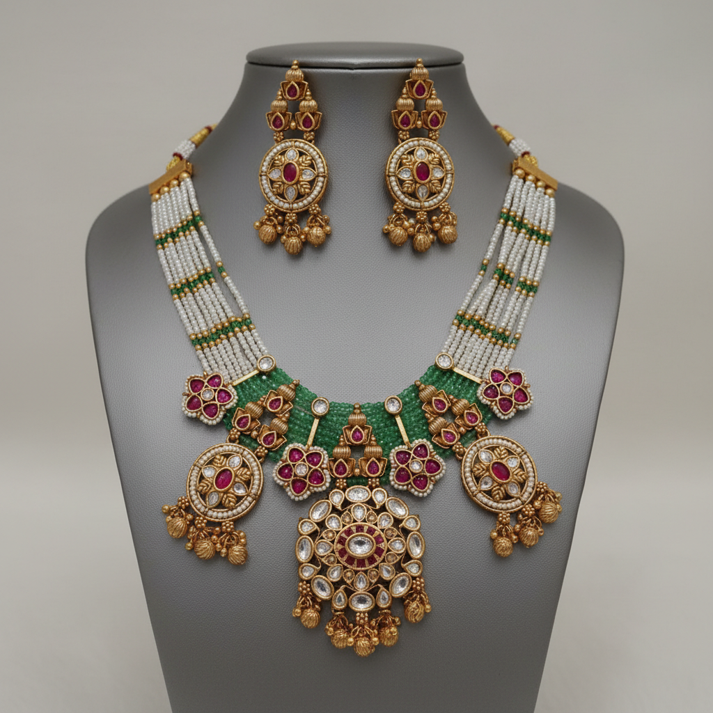 Kundan Choker Necklace Set | Pearl & Ruby Emerald Bridal Jewellery