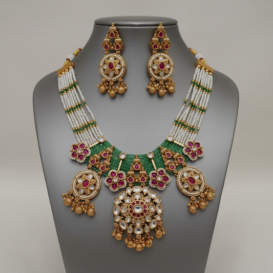 Kundan Choker Necklace Set | Pearl & Ruby Emerald Bridal Jewellery