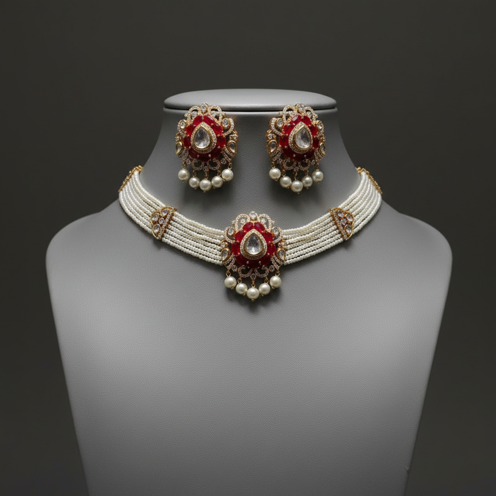 Elegant Kundan and Ruby Choker Necklace Set with Pearl Beaded Strands