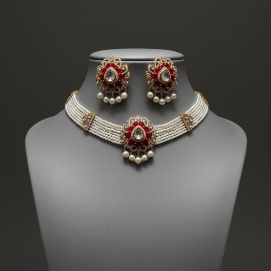 Elegant Kundan and Ruby Choker Necklace Set with Pearl Beaded Strands